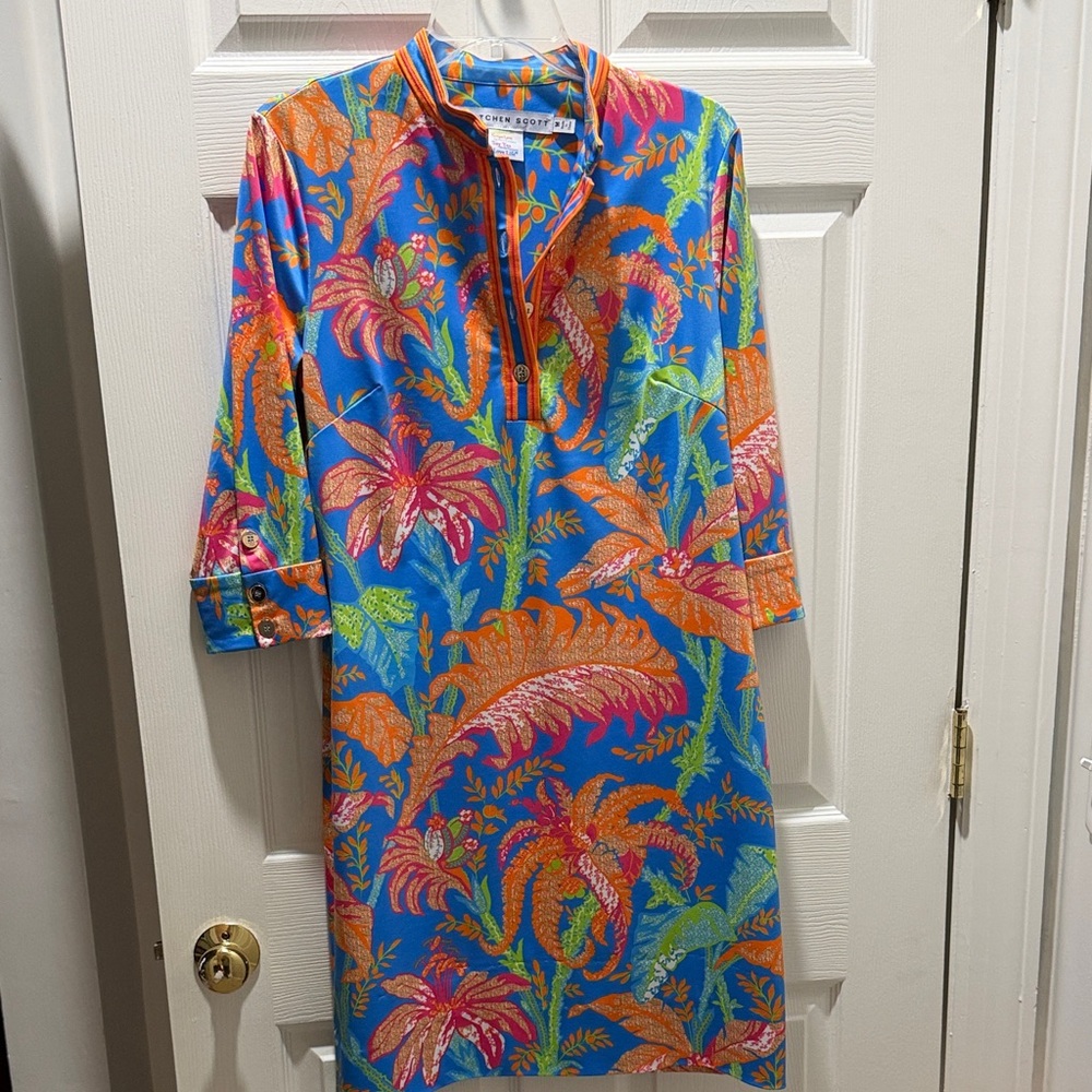 Gretchen Scott Designs Blue and Orange Tropical Dress